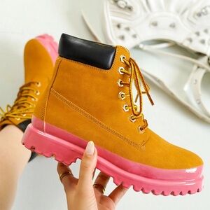 CAPE ROBBIN ❣️ Gretna Color-Block Lace-up Boots - Pink ❣️BRAND NEW❣️